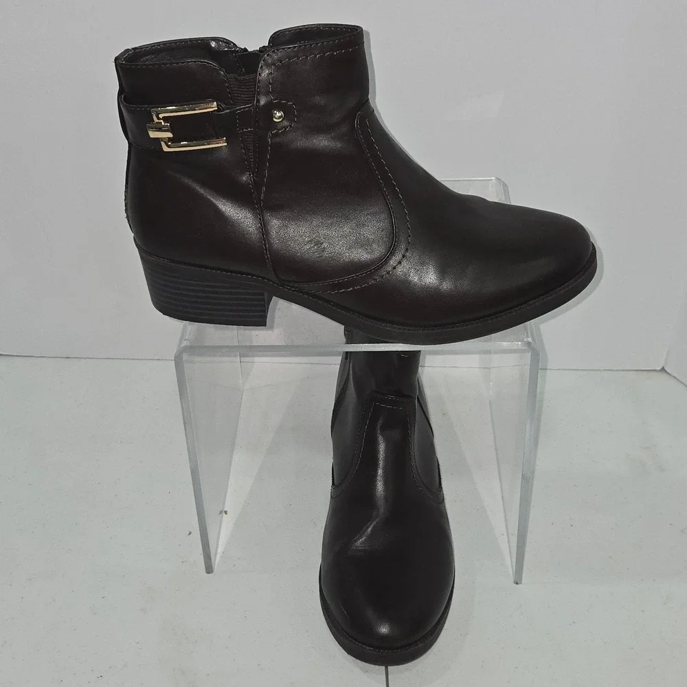 Toetos Alexis-03 Women Dark Brown Ankle Boots Side Buckle Low Block Heel Size 10